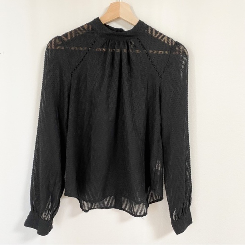 Free people black long sleeves close neck see through top blouse